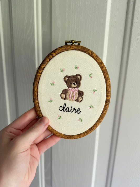 embroidered baby name hoop: floral bear design